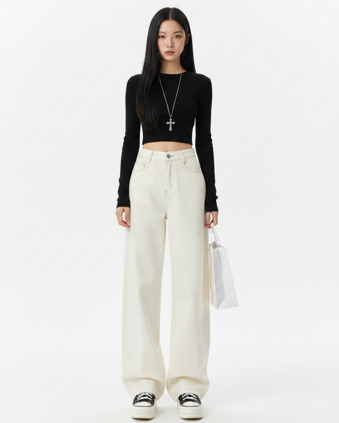 Women's Back Pocket High Waist Curved Leg Jeans Wide Leg Loose Slimming Straight Floor Length Pants