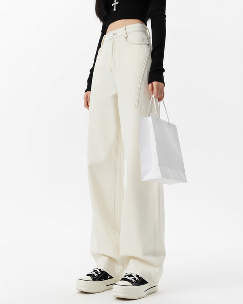Women's Back Pocket High Waist Curved Leg Jeans Wide Leg Loose Slimming Straight Floor Length Pants
