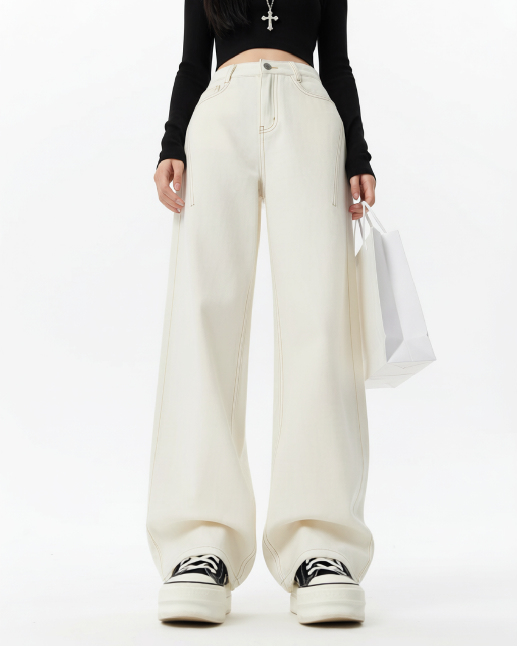 Women's Back Pocket High Waist Curved Leg Jeans Wide Leg Loose Slimming Straight Floor Length Pants