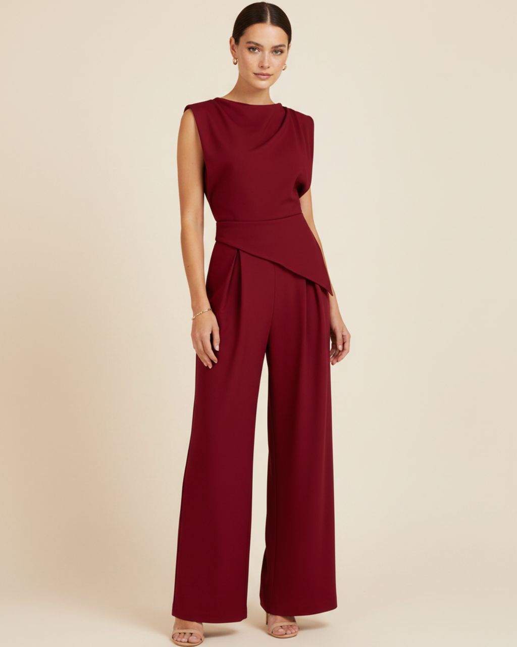 Women's Sleeveless Draped Top & Wide Leg Pants Set – Elegant Polyester Two-Piece Outfit
