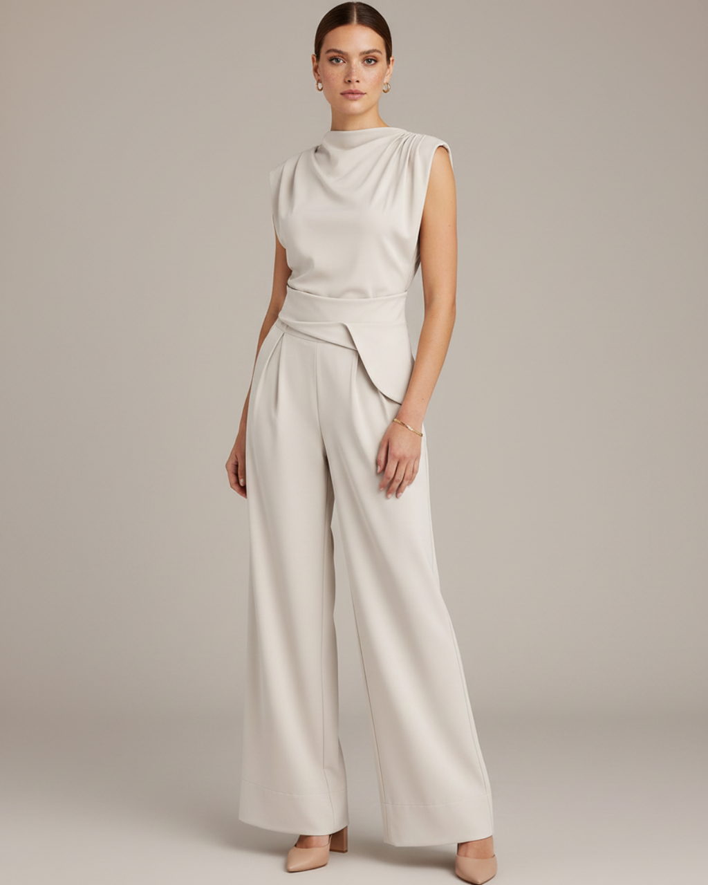 Women's Sleeveless Top & Wide Leg Pants Set – Elegant Polyester Two-Piece Outfit