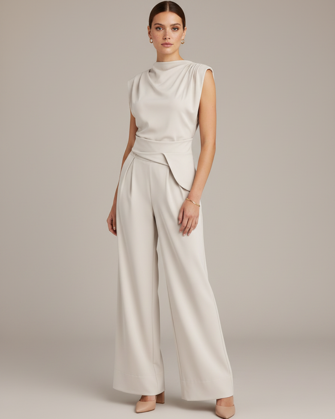 Women's Sleeveless Top & Wide Leg Pants Set – Elegant Polyester Two-Piece Outfit