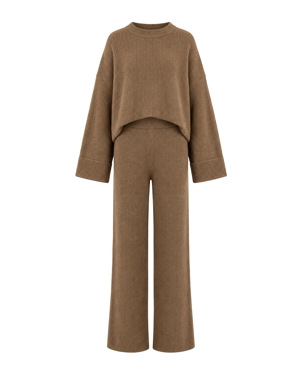 Women's Polyester Knit Two-Piece Set – Relaxed Sweater & Trouser Outfit