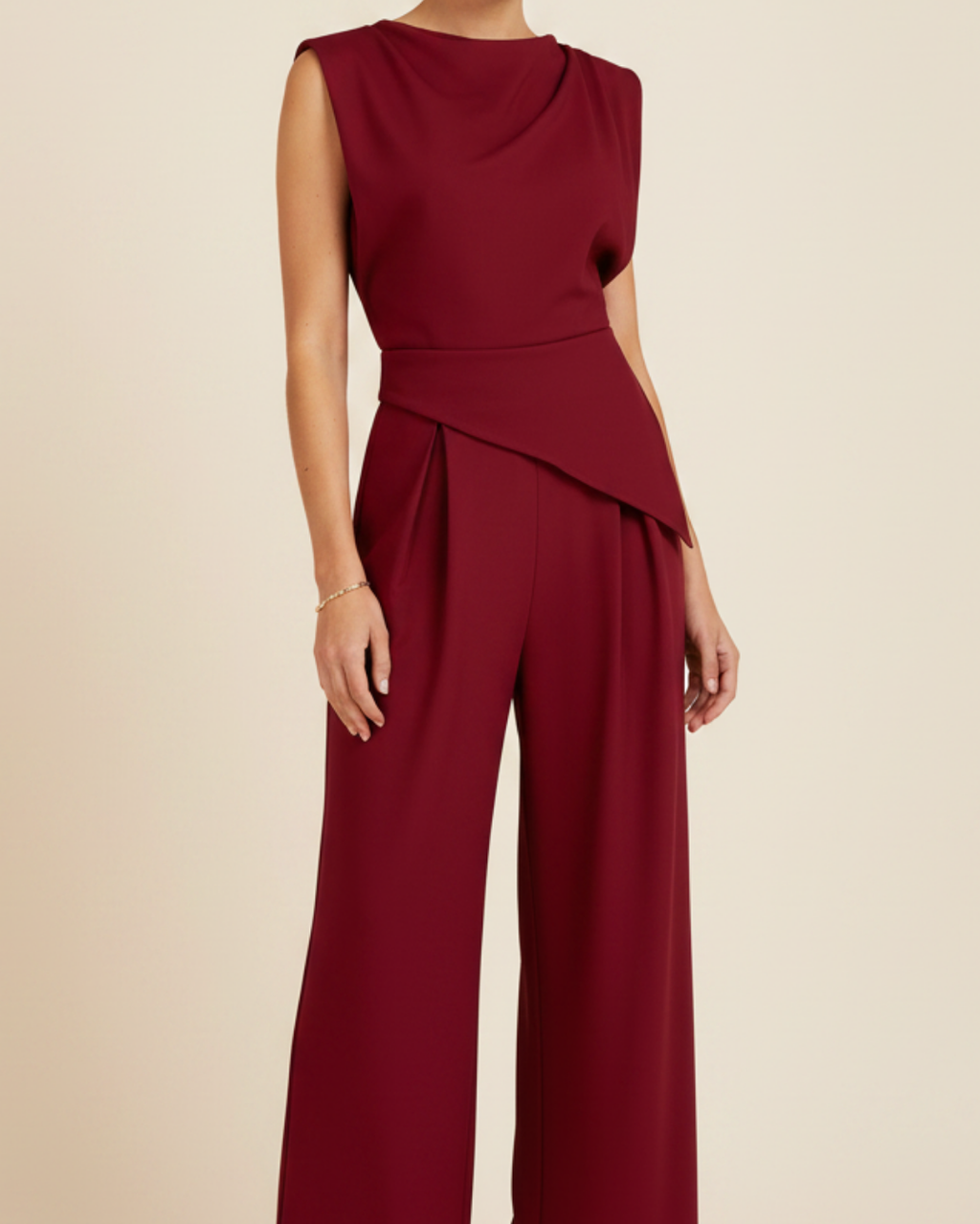 Women's Sleeveless Draped Top & Wide Leg Pants Set – Elegant Polyester Two-Piece Outfit