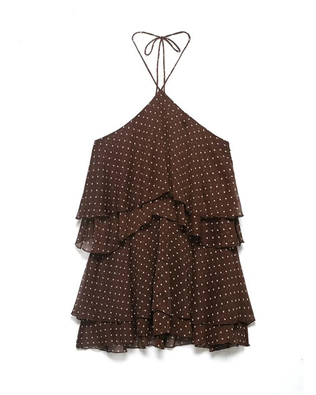 Women's Polka Dot Halter Mini Dress – Layered Ruffle A-Line Dress