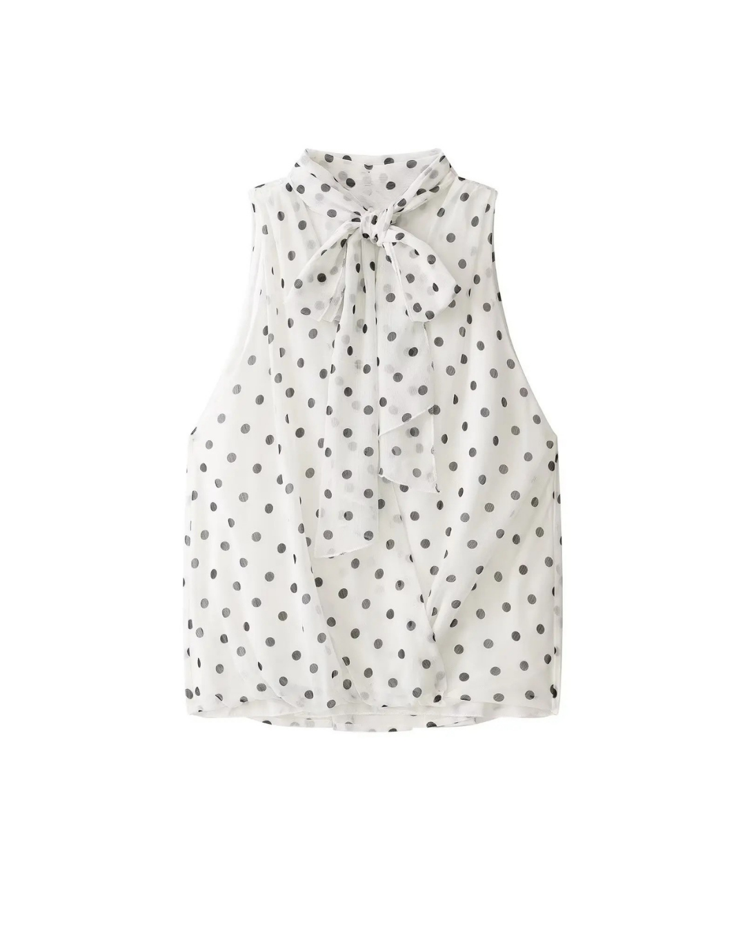 Women's Polka Dot Bow Blouse – Elegant Sleeveless Tie-Neck Top